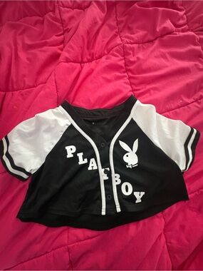 PLAYBOY Black and White Cropped Baseball Jersey